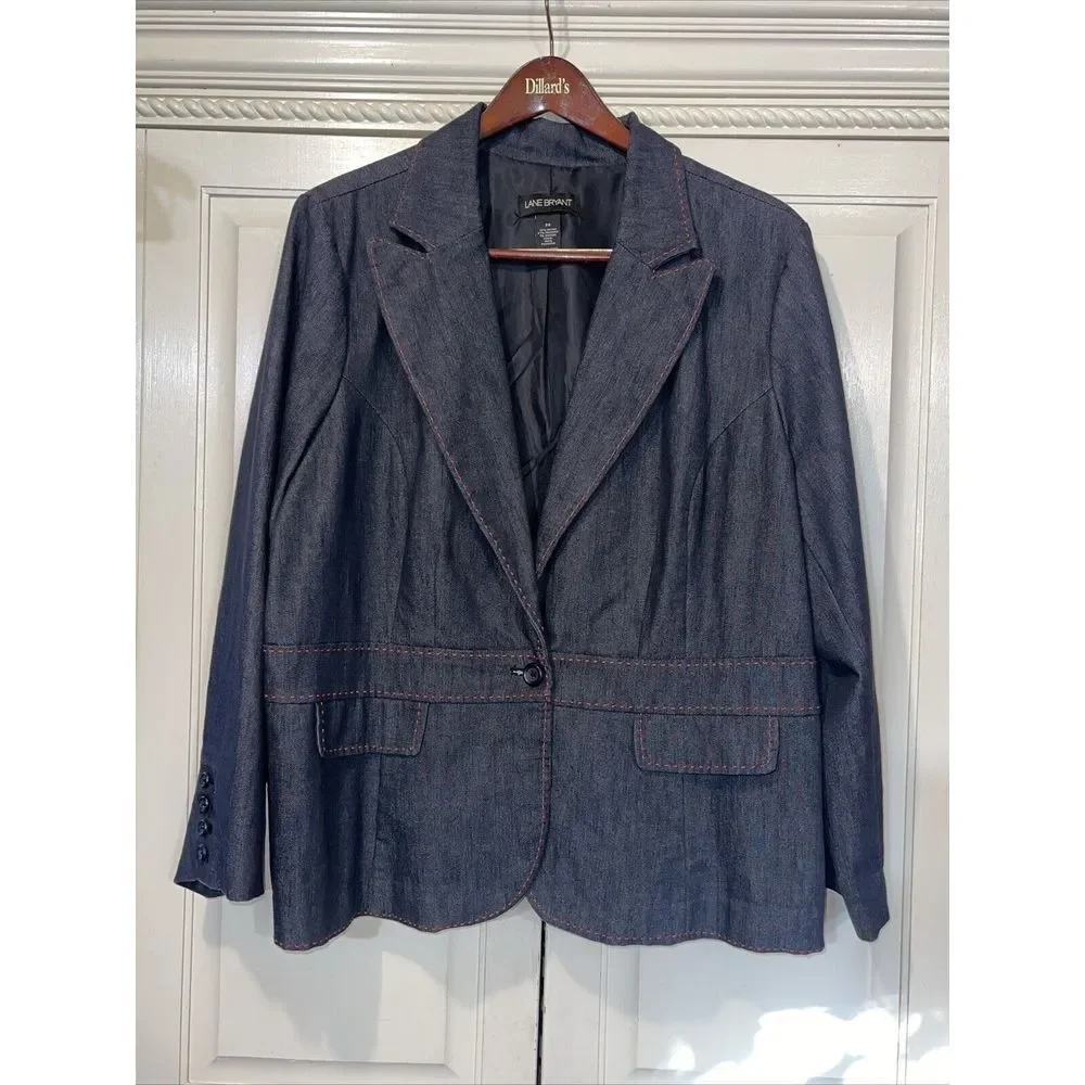 Lane Bryant Blazer Women 26‎ Dark Chambray Embroidered Red Stitched Peak Lapel